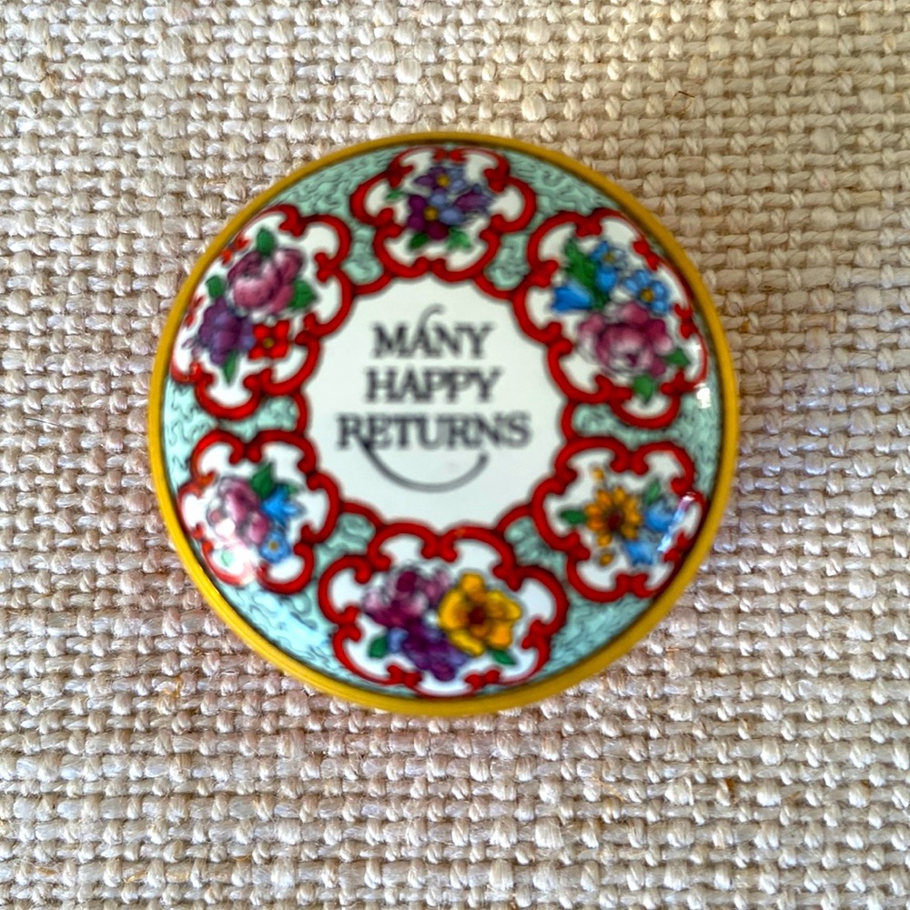 Halcyon Days “Many Happy Returns” enamel screw top box.  Measures roughly 1 1/4”